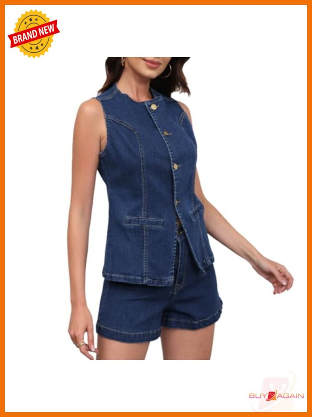 Womens Denim 2 Piece Set Sleeveless Blazer Vest Top and Jeans Shorts Outfit